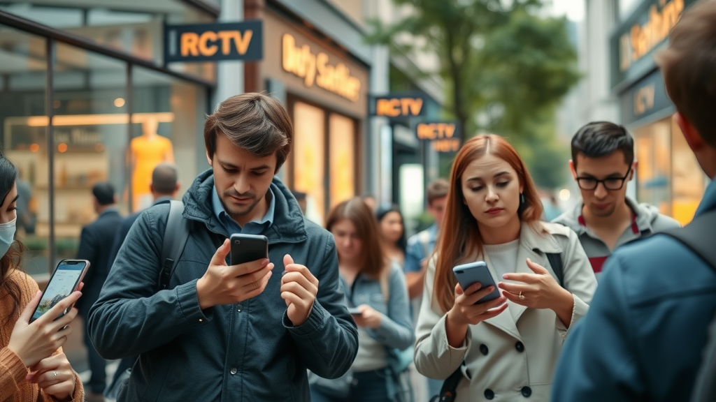 people receiving retail notifications via beacon technology in city street; urban location-based marketing example