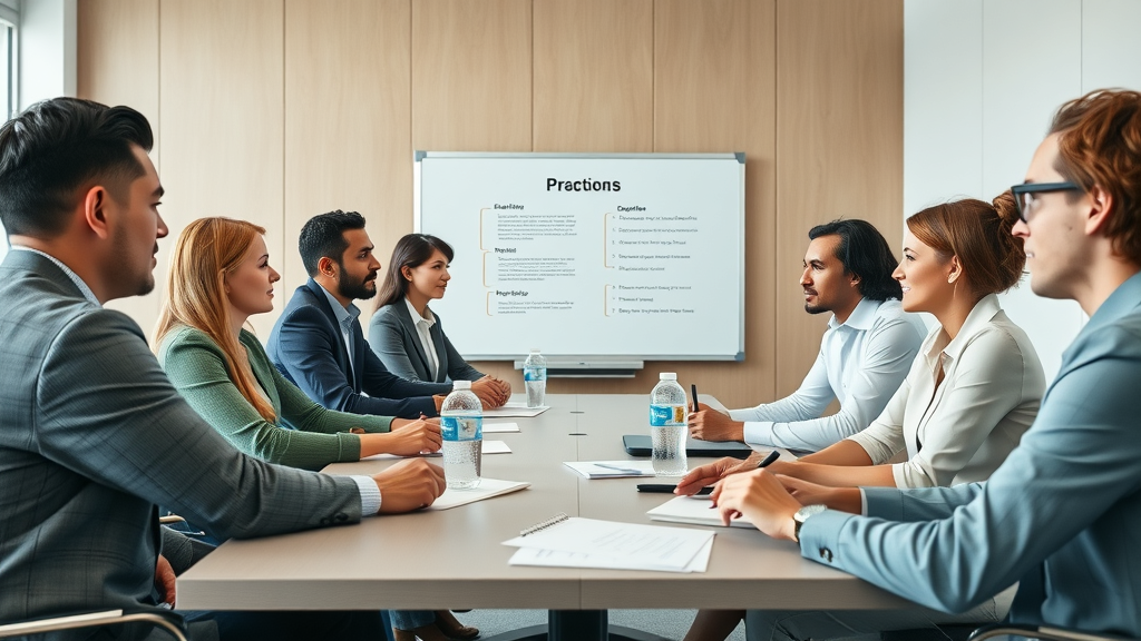 Diverse business professionals brainstorming review response strategies, modern conference room