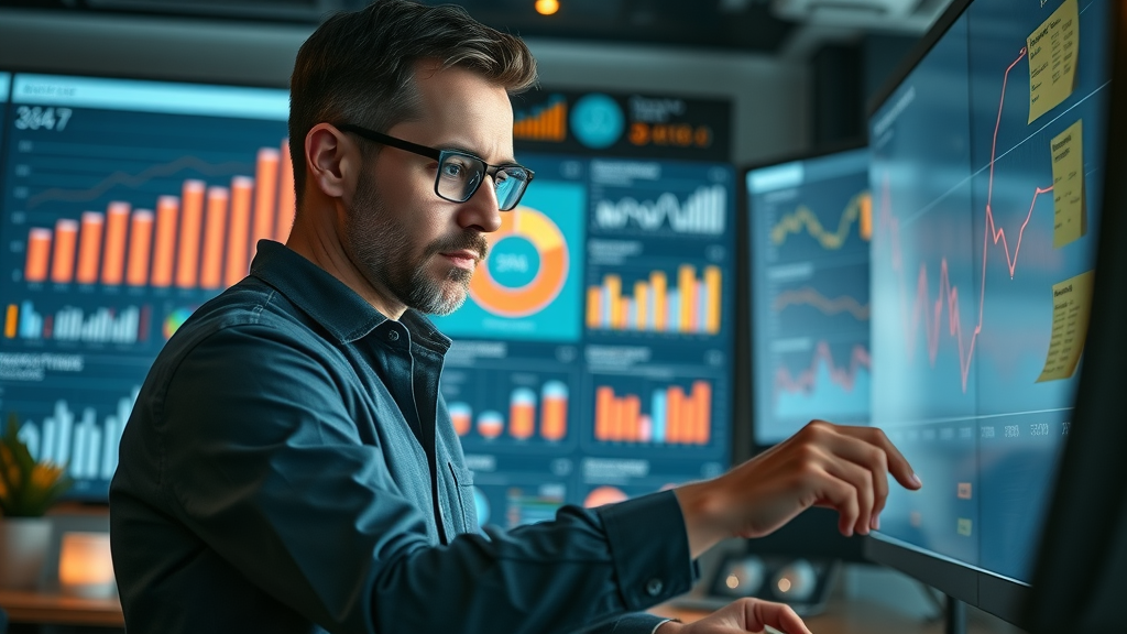 analyst examining social media metrics for small businesses