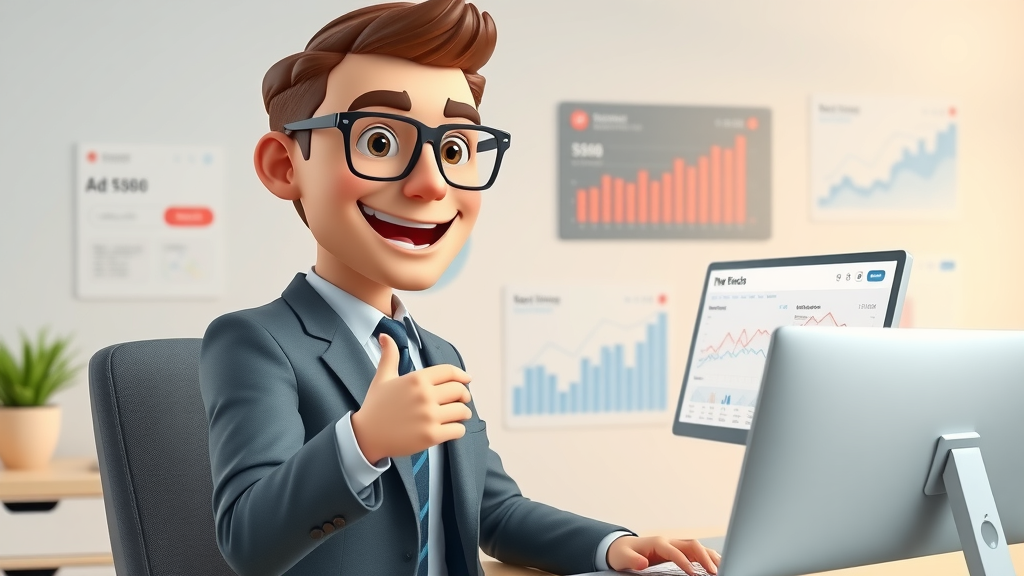 Modern local business owner creating Google Ads local service campaign, animated graphs showing ad success