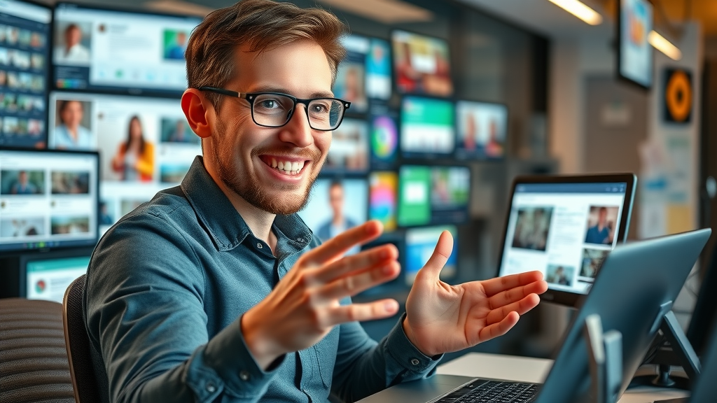 Social media manager amplifying positive online reviews across multiple digital platforms