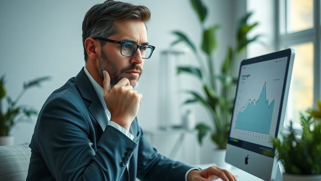 thoughtful business owner reviewing low engagement chart for boosting engagement on social media for small business