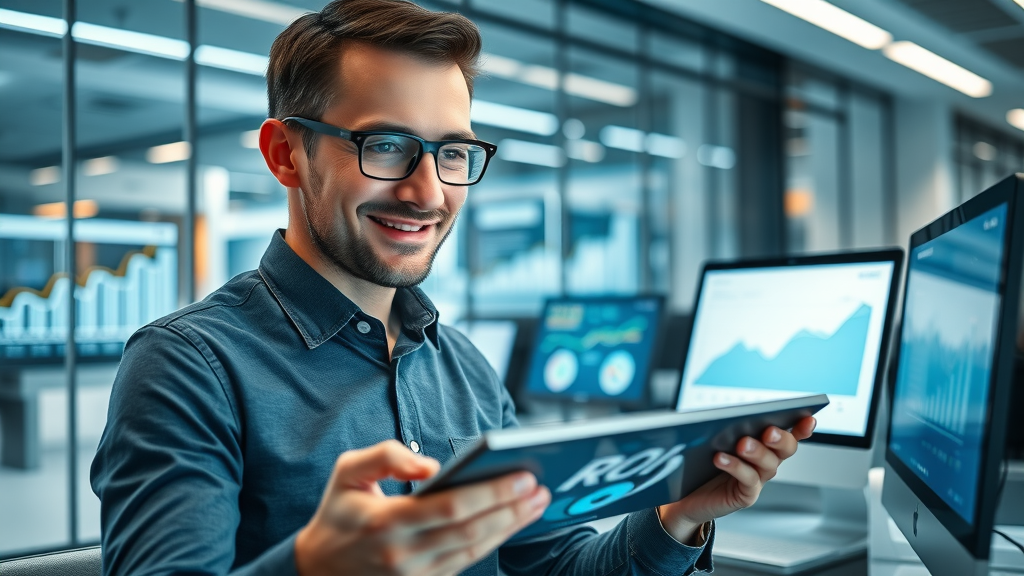 Tech-savvy business analyst using analytics tools to measure ROI on social media platforms for small business