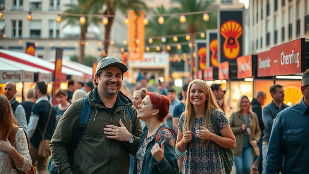 Effective local ad campaigns: Engaging local event scene with business collaboration booths, market stalls, festive banners, and an energized community crowd, detailed and lifelike.