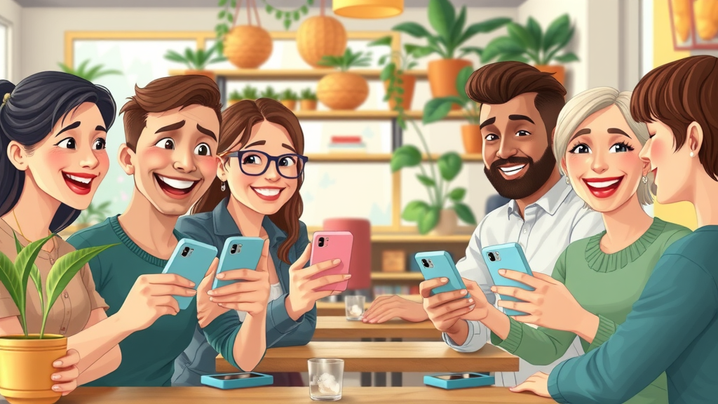 Cheerful customers leaving positive online reviews at a vibrant café