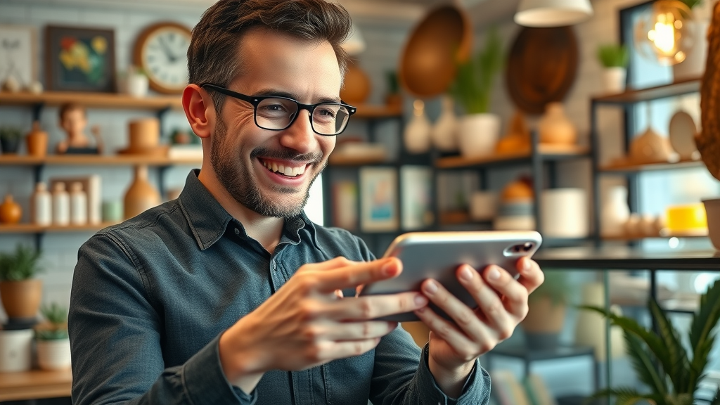 cheerful small business owner launching hyperlocal ads for local customers in a cozy shop