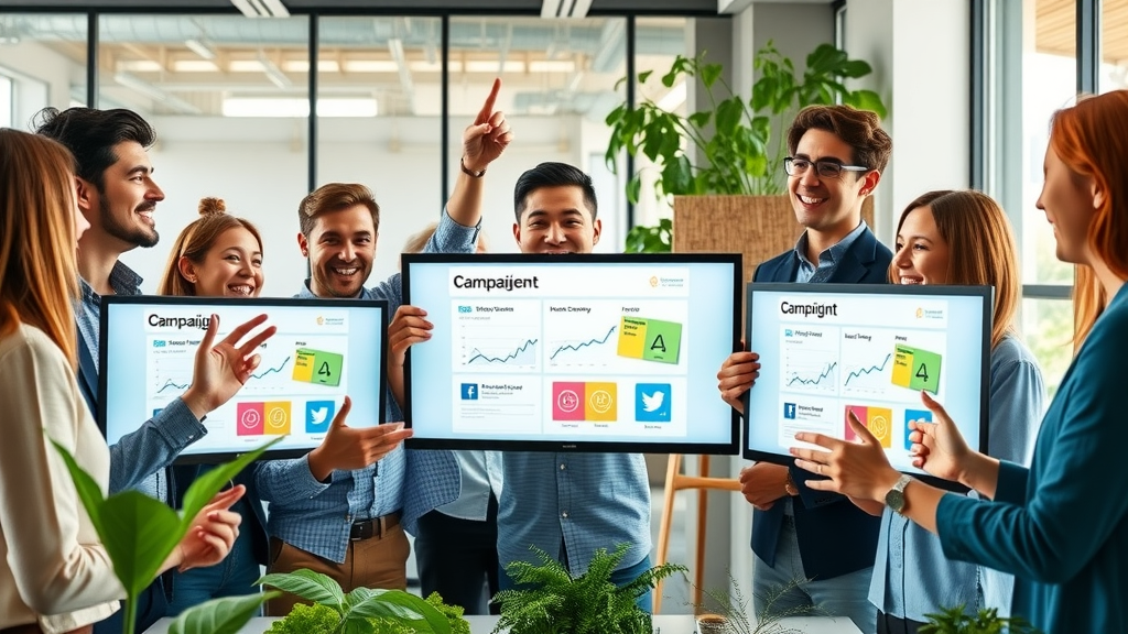 Small business team presenting digital campaign results using multiple social media platforms