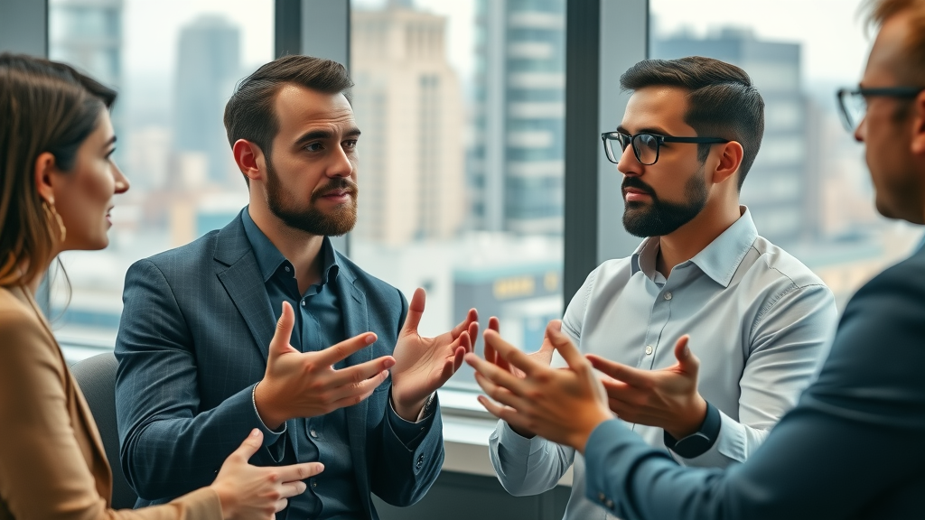 Effective local ad campaigns: Professional marketing experts discussing ideas with city views, expressive insights, and detailed conference room setting.