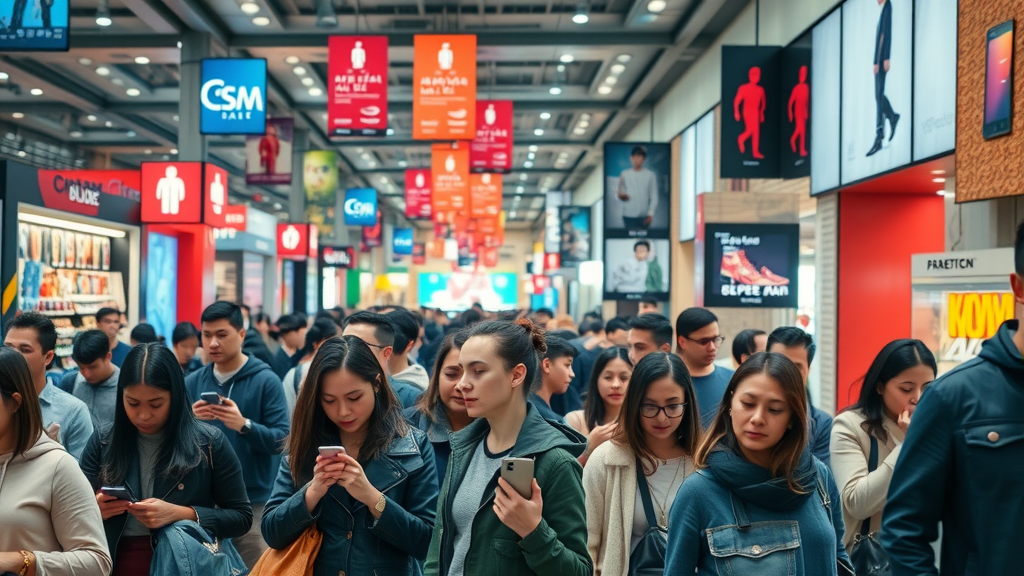 shoppers interacting with digital and mobile ads; location-based advertising in shopping mall
