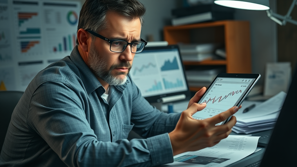 concerned small business owner reviewing underperforming ads for local on a tablet